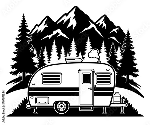 Retro Travel Trailer with Mountains and Trees, Camper SVG, Mountain SVG, Forest SVG, Camping SVG