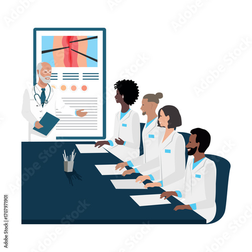 A team of doctors confer, study, hold a conference, training or cosilium. Vector illustration isolated on white background.