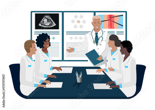 A team of doctors confer, study, hold a conference, training or cosilium. Vector illustration isolated on white background.