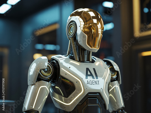 Closeup portrait of a futuristic humanoid robot with a golden face and white armor, showcasing advanced artificial intelligence and robotic technology in a modern setting