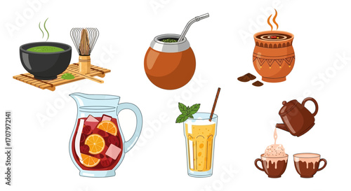 Diverse and refreshing beverages a visual journey through matcha, yerba mate, hot chocolate, sangria, lemonade, and coffee, each offering a unique flavor experience