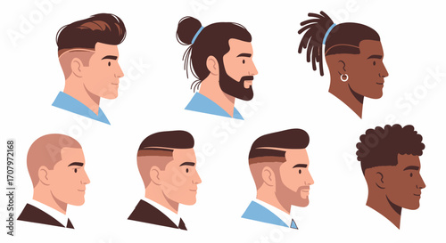 Diverse men's hairstyles and haircuts in profile view, showcasing various modern styles, from classic cuts to trendy variations, perfect for barber shops and styling guides