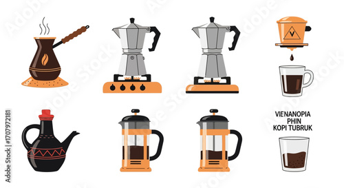 Illustrative guide showcasing various coffee brewing methods, including Turkish, stovetop, pour over, and French press techniques for enthusiasts and baristas