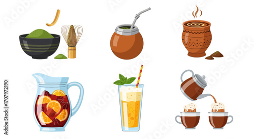 Diverse beverage illustration set featuring matcha, mate, horchata, sangria, juice, and coffee. A vibrant collection of drinks for various occasions