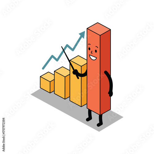 Anthropomorphic bar chart mascot with smiling face presenting growth using pointer in isometric vector style