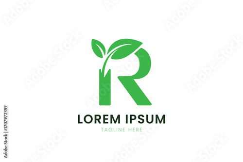 Minimalist green letter r logo with growing leaves abstract nature symbol