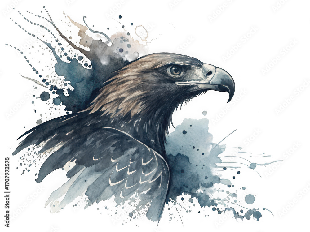 Fototapeta premium Majestic eagle portrait watercolor splash bold ink texture art isolated on white background