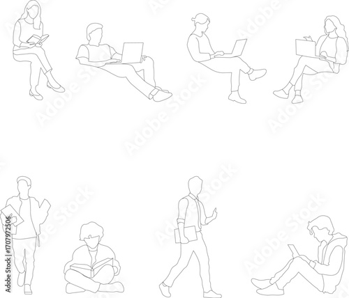 Set of 8 students and freelancers - silhouettes and line art. Reading, working, studying, and using laptope.