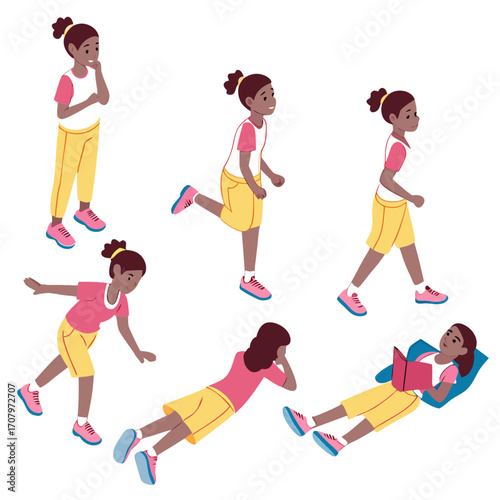 Isometric set of girls in different poses stands, runs, sits, lies and others on white background. Constructor set or creation kit
