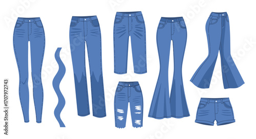 Collection of various styles of blue denim jeans for women, showcasing different fits such as skinny, straight leg, ripped, and flared jeans, perfect for fashion and wardrobe design