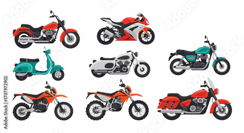 A diverse collection of classic and modern two-wheeled vehicles, showcasing various motorcycle types like cruisers, sportbikes, scooters, and dirt bikes