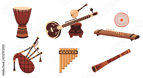A vibrant assortment of traditional folk music instruments from around the world. This detailed vector illustration set features string, wind, and percussion