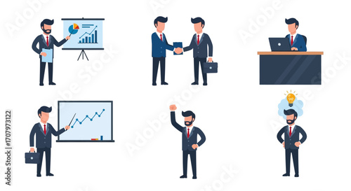 Dynamic business illustrations depicting a successful professional's journey from compelling presentations and strategic deal-making to innovative ideas and triumphant career growth