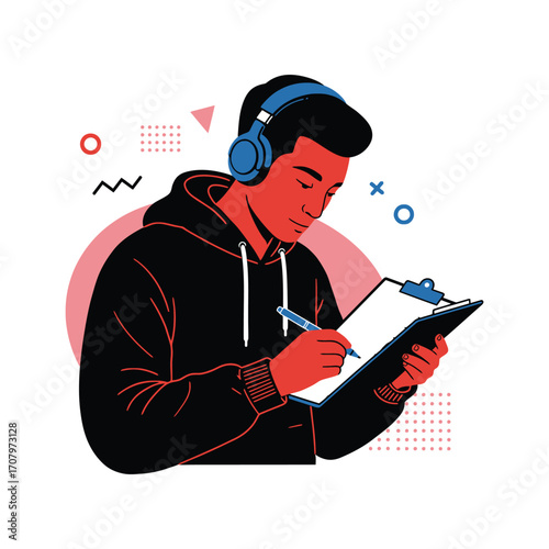 Young boy wearing headphones and writing notes on clipboard. Prefect for school branding, University theme,  Learning . 