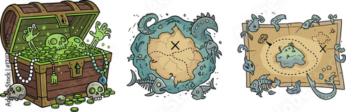 Spooky treasure chest with glowing skulls, mysterious sea monster map, ancient treasure island map, pirate adventure, underwater creatures, fantasy illustration