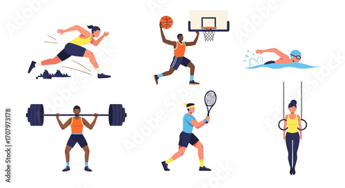 Diverse collection of athletes engaged in various sports activities including running, weightlifting, basketball, swimming, and tennis, showcasing the dynamic nature of athletic pursuits