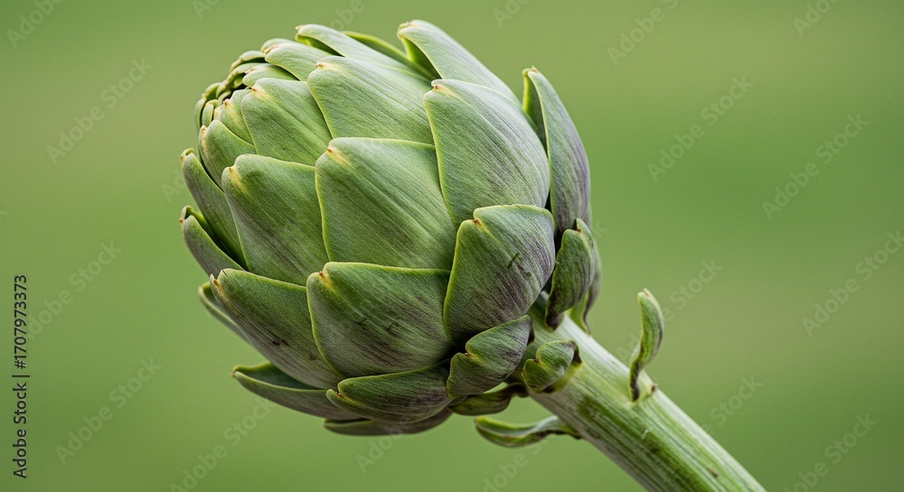 Fototapeta premium A close-up captures the architectural beauty of an artichoke, its layered petals forming a natural sculpture against a soft green background.