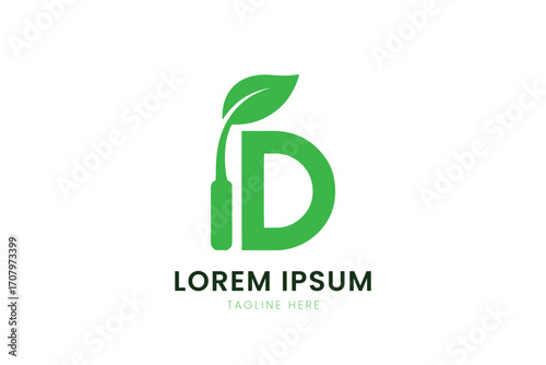 Minimalist green letter d logo with leaf and bottle for health food and beverage brands