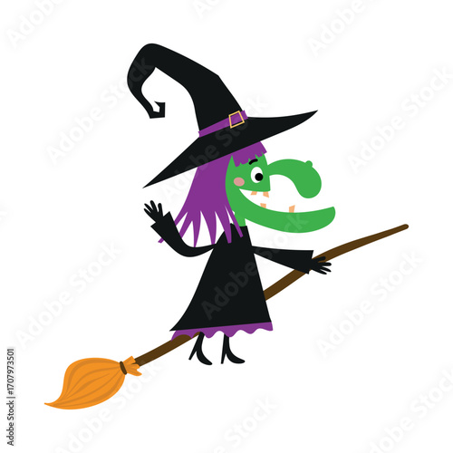Playful green-faced witch flying on a broom with a pointy hat. Cute yet spooky Halloween artwork for shirts, stickers, posters, cards, and party decor.