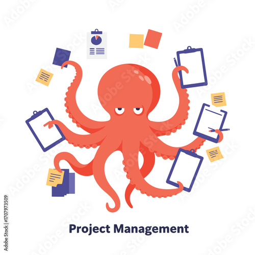 Octopus project manager mascot juggling clipboards gantt charts and sticky notes in flat coral indigo vector style
