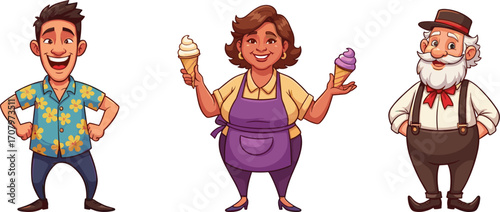 Cartoon characters including ice cream seller, tourist, and old man, fun illustration for summer, dessert, vintage, people, or food themes