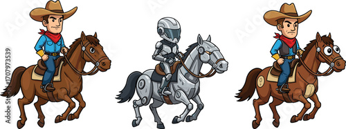 Cartoon cowboy riding horse and robot, futuristic rider illustration, animated horse vector, wild west, sci-fi cowboy character clipart