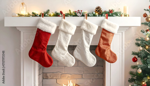 Festive Christmas Mantelpiece: Four Plush Stockings Hang Above a Cozy Fireplace, Warmly Lit with Candles and Fairy Lights