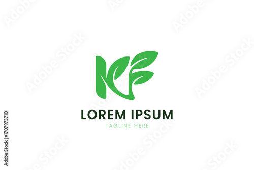 Minimalist green kf logo design with leaf accents and lorem ipsum placeholder text