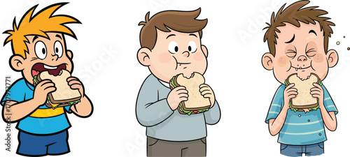 Cartoon kids eating sandwiches with funny expressions, lunchtime illustration, happy boys enjoying food, child snack scene, cute food clipart