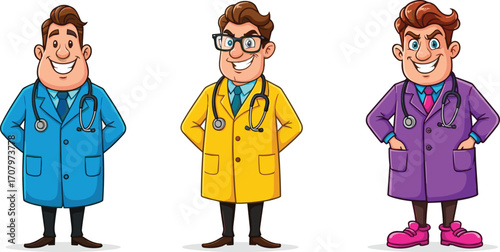 Cartoon male doctors in colorful lab coats, smiling characters with stethoscopes, healthcare professionals, hospital staff, vector illustration art