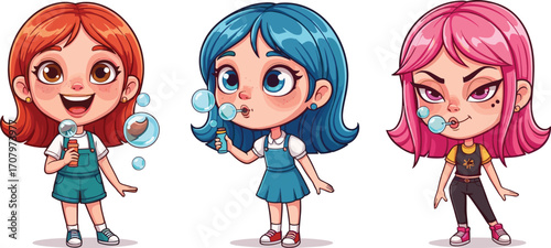 Cute cartoon girls blowing bubbles, colorful hair styles, playful kids, bubble fun, happy children playing, childhood joy, vector illustration