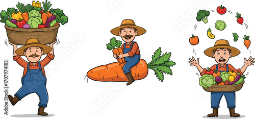 Happy farmer holding fresh vegetables basket, riding giant carrot, juggling colorful organic veggies, farm produce, healthy lifestyle, gardening, agriculture, fresh harvest, farmer illustration.
