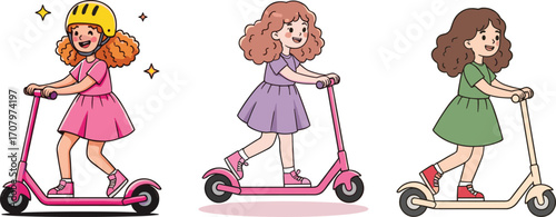 Happy girls riding colorful scooters, cute kids outdoor activity illustration, child playtime fun, cartoon style artwork, lifestyle transportation vector design