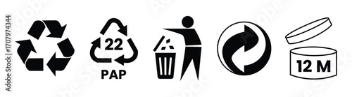 Set recycle sign or packaging sign for products. Period After Opening PAO label. Green dot recycling symbol. Recycling Codes. Don't litter sign. Vector Illustration 