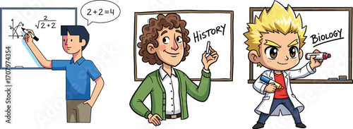 Teachers explaining math, history, biology on whiteboards, diverse educators, classroom learning, science and education, student teaching, knowledge sharing, academic subjects, school lessons.