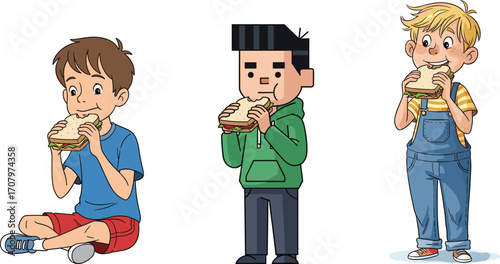 Three boys eating sandwiches, cartoon kids enjoying lunch, happy children with food, diverse kids snack time, playful child illustration