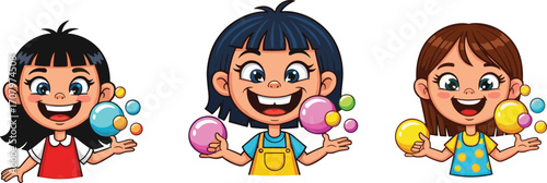 Three happy cartoon girls playing with colorful bubbles, joyful children having fun, cute kids laughing, playful kids with bubbles illustration