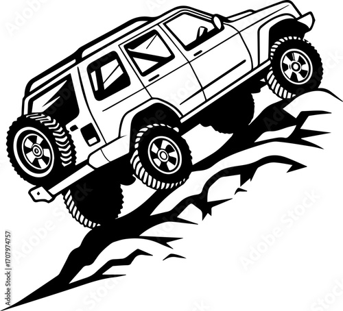 Off-Road SUV Climbing Rocks – Black and White