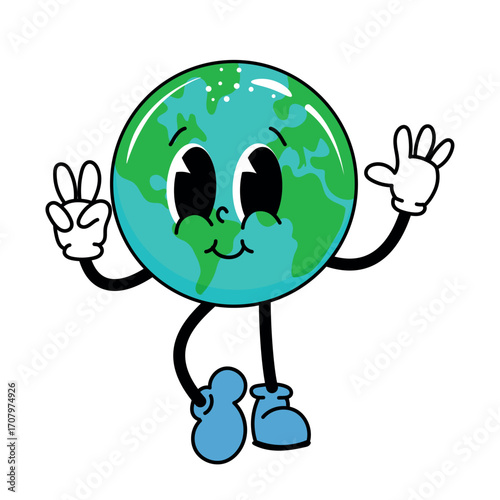 Smiling globe character flashing peace signs with friendly eyes and sneakers. Kid-friendly eco artwork for Earth Day posters, shirts, stickers, and classroom use.