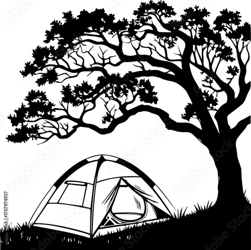 Black and White Camping Scene with Tent Under Tree – Nature Adventure Line Art Illustration