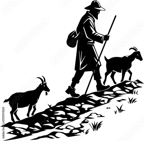 Mountain Traveler with Goats – Black and White Rural Line Art Illustration