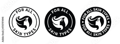 For all skin types label icon set. Face beauty women skin care packaging label for cream, toner, moisturizer, facial mask, lotion, logo, badge, symbol, black, line vector, isolated on white background