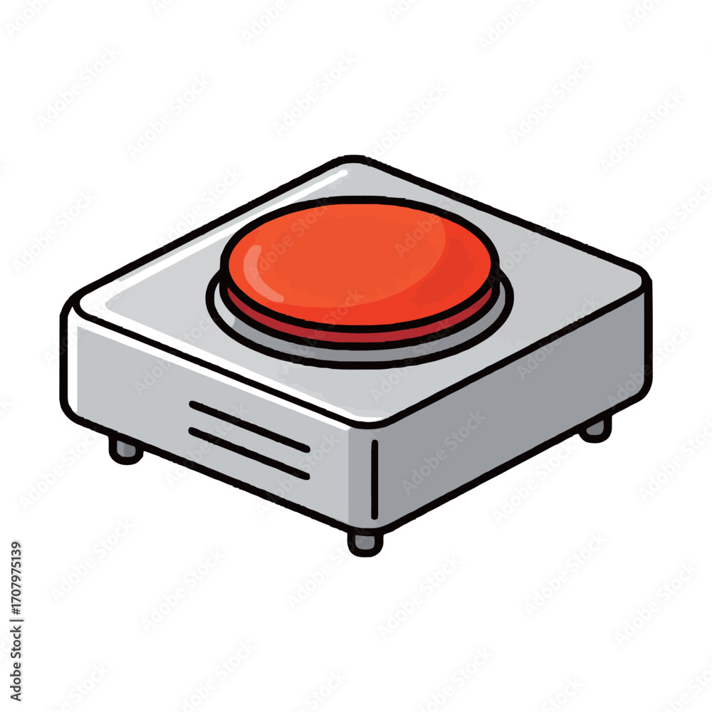 Fototapeta premium Isolated cartoon illustration of a shiny metal red button, a universal symbol for a specific action.