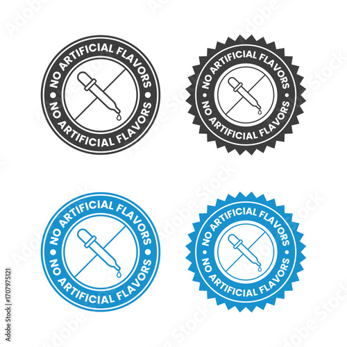 No artificial Flavors, color, preservatives, sweeteners icons set, label, logo, badge, sticker, emblem, stamp, symbol, circle, black, flat vector, isolated illustration. 