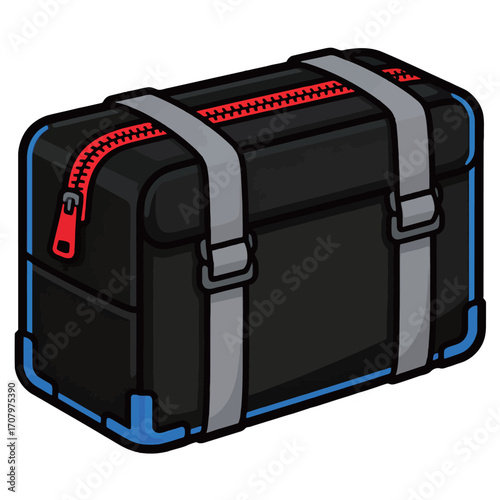 Isolated cartoon illustration of a black rectangular bag with a red zipper and blue accents, ideal for travel or storage.