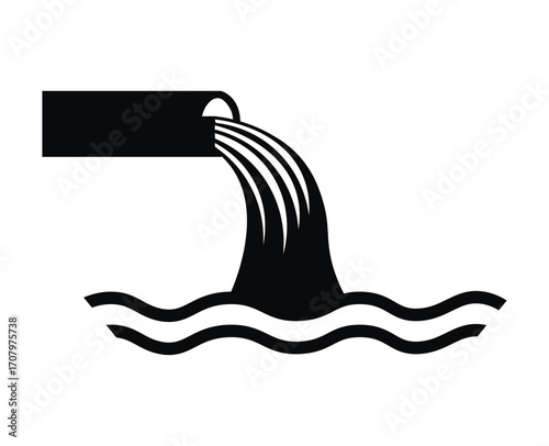 A stylized black and white graphic illustration of a pipe discharging a stream of water into wavy lines representing a body of water