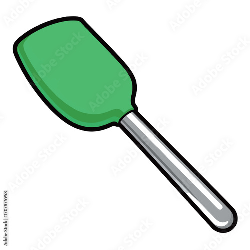 Isolated cartoon illustration of a green rubber spatula with a metallic handle, a common kitchen utensil for baking and cooking.