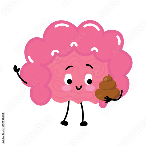 Cute pink intestine holding a poop emoji—humorous visual for bowel habits, constipation, or tummy troubles. Great for medical and education uses.