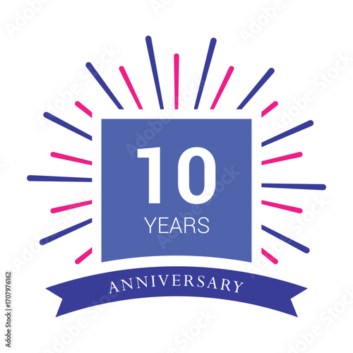 Vector 10 year anniversary, birthday logo label. Year. Vector illustration. Isolated against a white background.