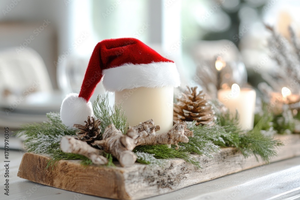 Fototapeta premium Cozy christmas decor featuring santa hat and candle with pine cones and ornaments on rustic wooden base